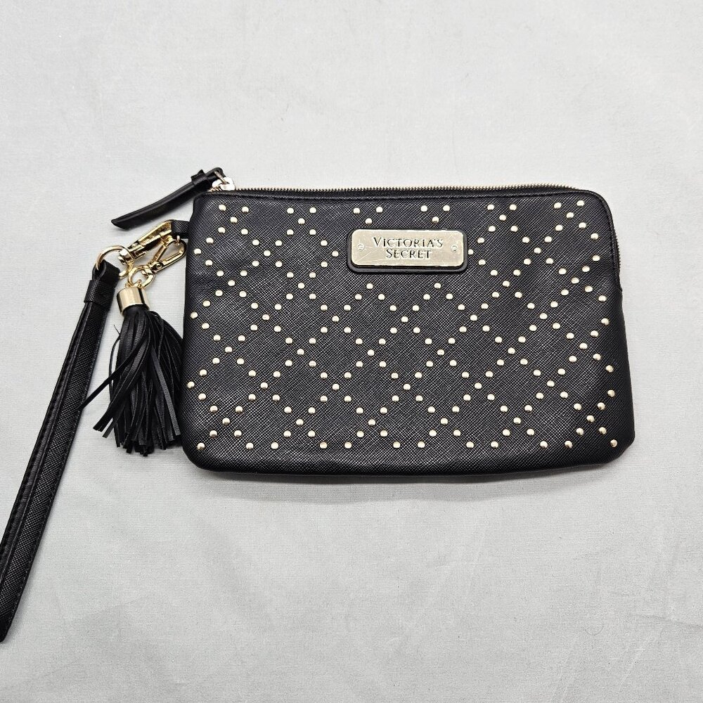 Victoria Secret Black Gold Studded Wristlet Clutch Purse Pouch Tassel Fob